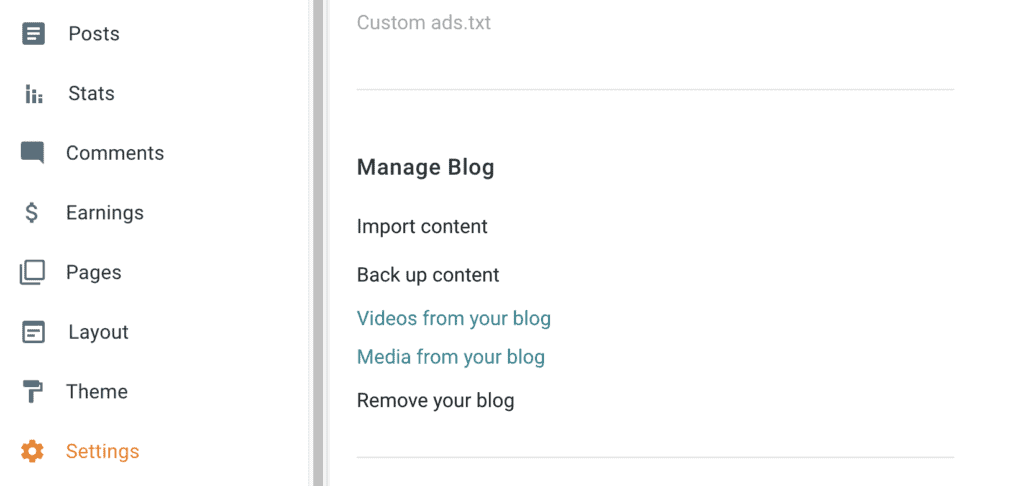 Blogger export: Settings > Manage Blog > Back up content